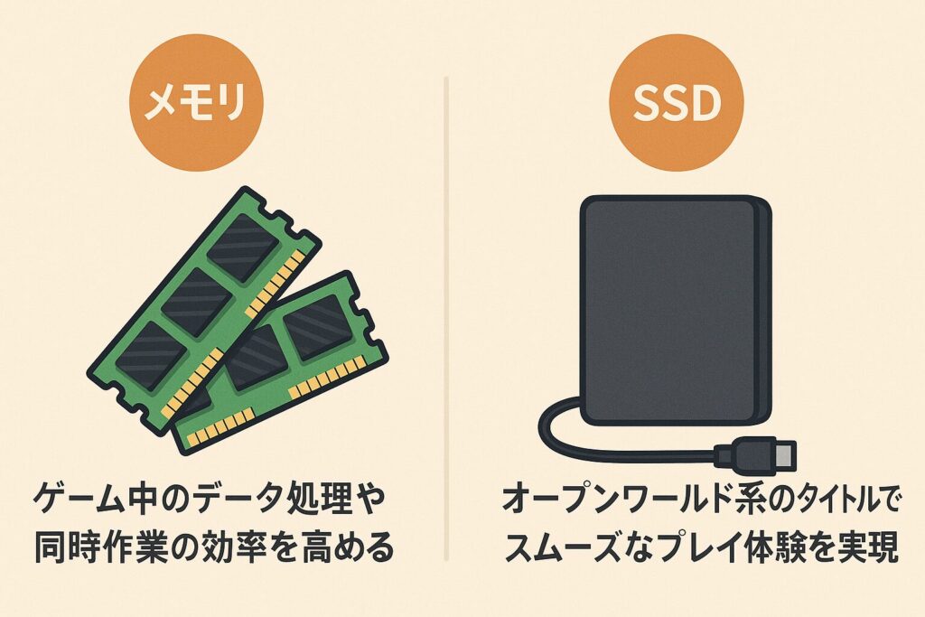 メモリとSSDの役割をシンプルに解説した図解イラスト。