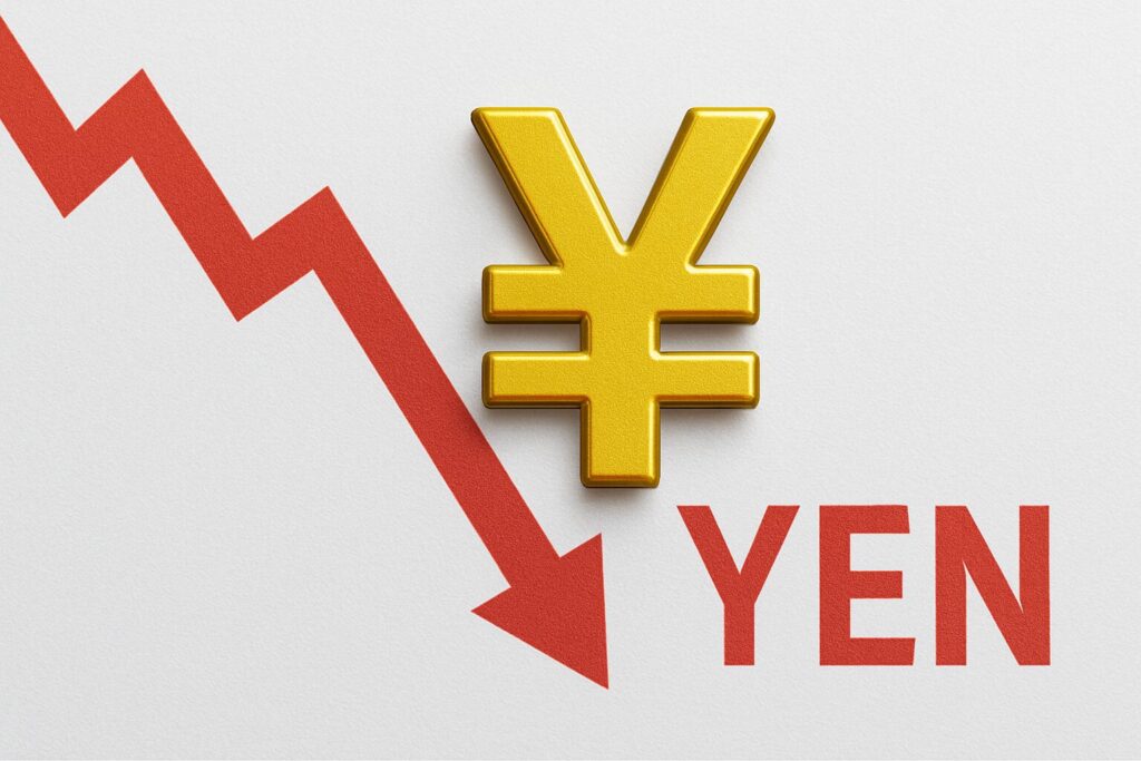 円マークと赤い下落矢印で円安を象徴的に表現した2Dデザイン
