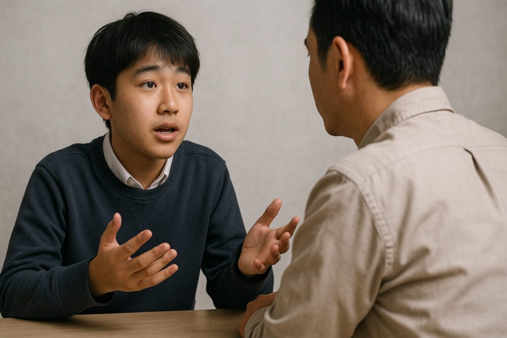 中学生の男の子がテーブル越しに親を説得している様子