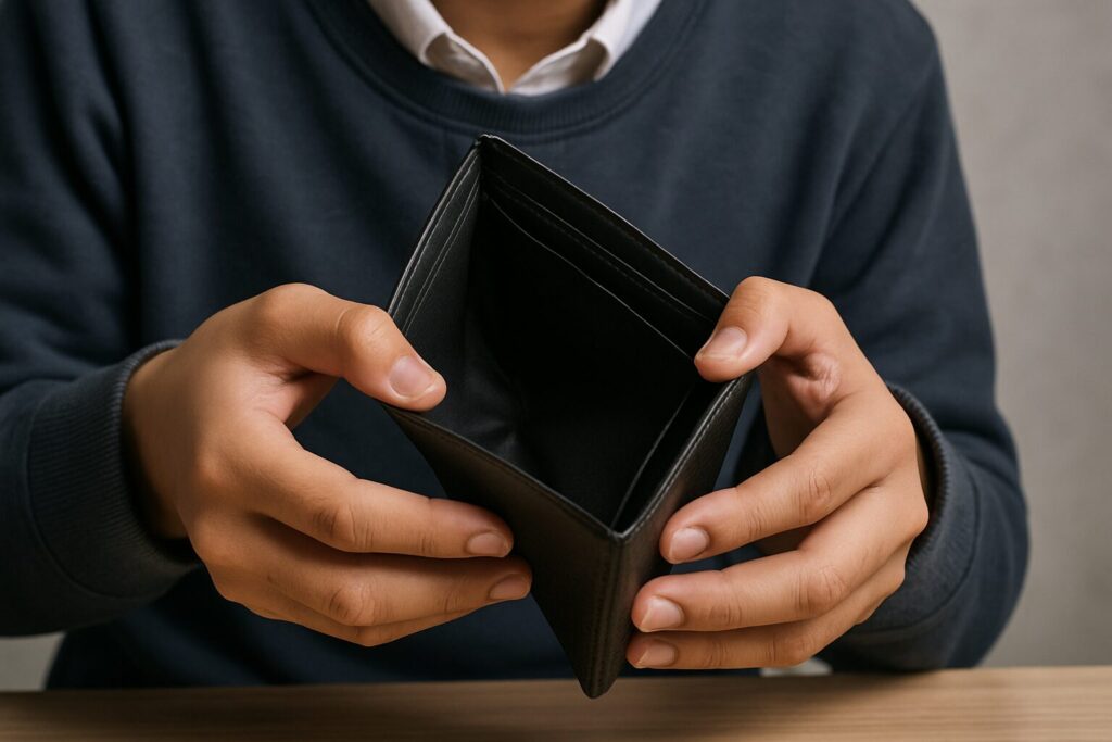 中学生が手元で空の財布を開いている様子の接写