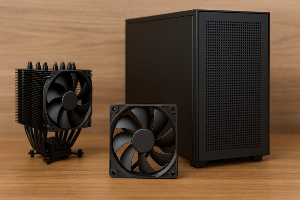 CPUクーラー、ケースファン、PCケースが木目デスク上に並べられた構成パーツのイメージ