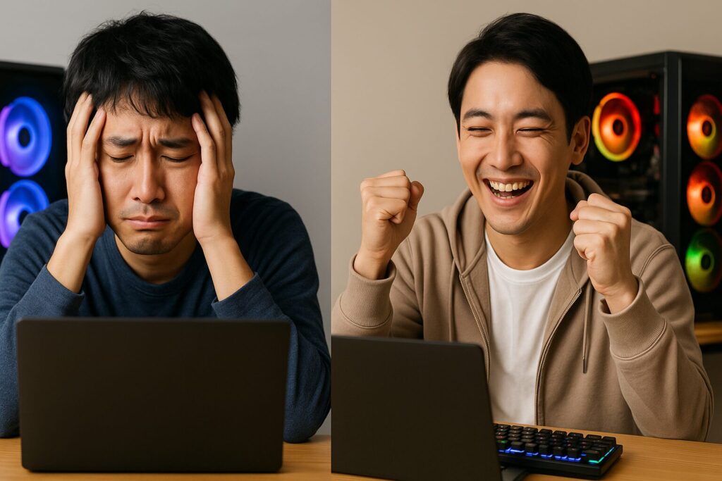 ゲーミングPCの前で悲しむ男性と喜ぶ男性の対比シーン