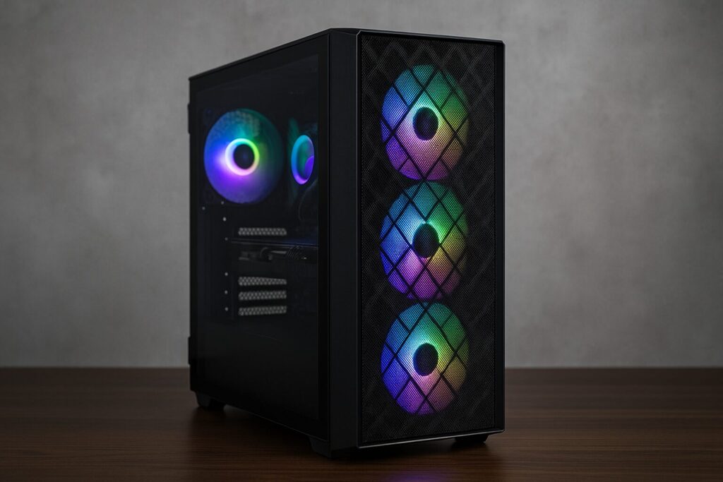 RGBファンが光るゲーミングPC本体のみを撮影したリアルな写真
