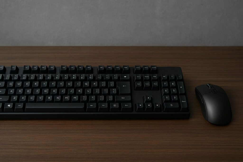 ゲーミング用の黒いキーボードとマウスが木製デスクの上に並べられたリアルな写真