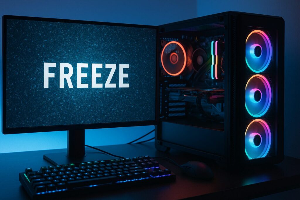 ゲーミングPCがフリーズしている様子のリアルなイメージ