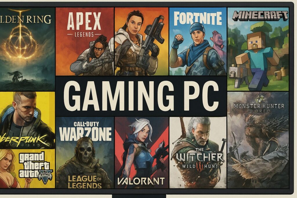 ゲーミングPCと人気ゲームタイトル(Elden Ring、Apex Legends、Fortnite、Minecraft、Cyberpunk 2077、GTA、Call of Duty Warzone、League of Legends、Valorant、The Witcher 3、Monster Hunterなど)が描かれたイラスト