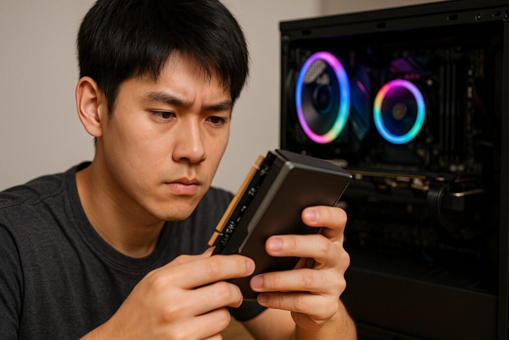 ゲーミングPCのパーツを手に取り、真剣な表情で確認する若い男性。背後にはRGBライトが光るPCケースが見える。