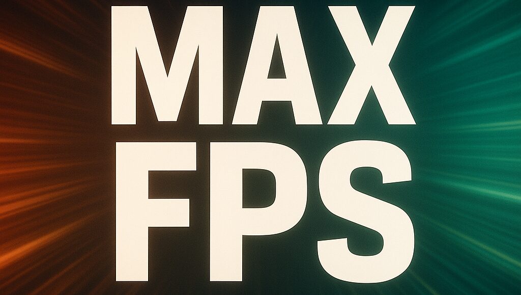 カラフルな光のエフェクト背景に「MAX FPS」と大きく表示された画像