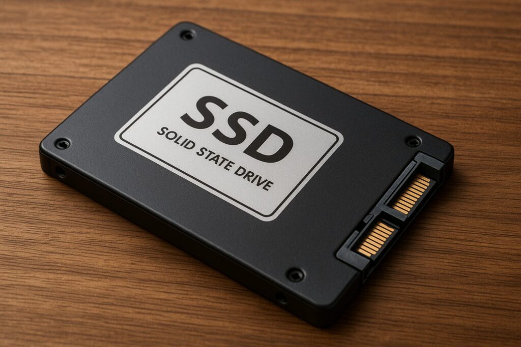 木目のデスク上に置かれたシンプルなSATA接続SSD(ストレージ)の接写イメージ
