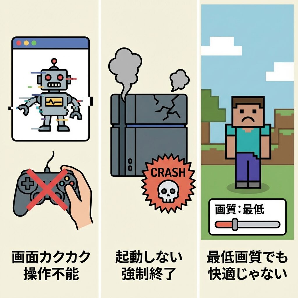 画面がカクカクして操作できない

ゲームが起動しない、強制終了する

画質を最低設定にしても快適に遊べない