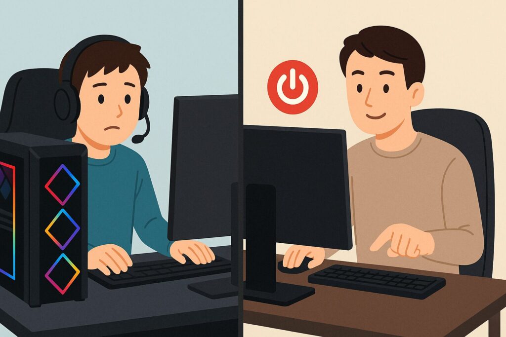 ゲーミングPCをつけっぱなしにする人と電源を切る人を対比したイラスト