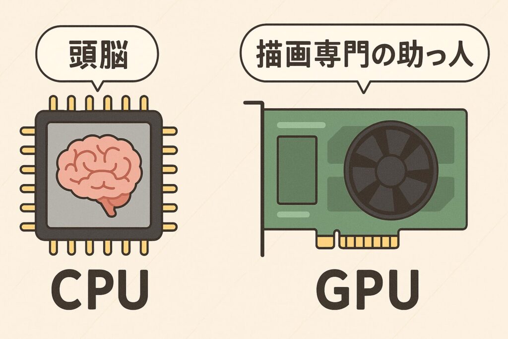 CPUを頭脳、GPUを描画専門の助っ人として表現したイラスト図解