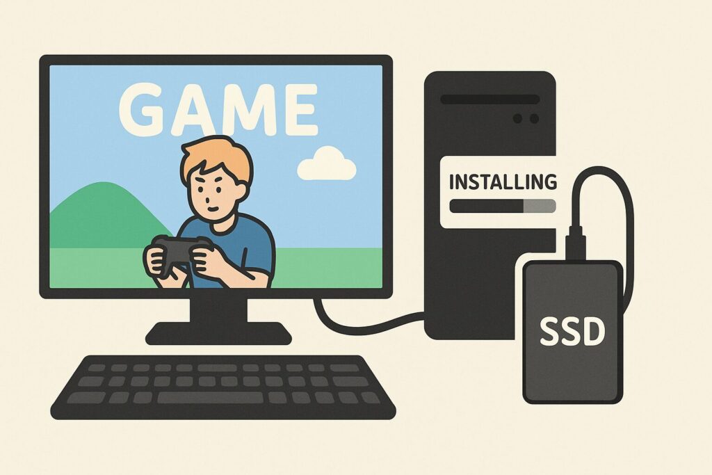 外付けSSDにゲームをインストールしている様子のイラスト
