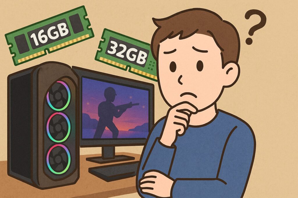 ゲーミングPCの前で16GBと32GBのメモリを見比べて悩んでいる人