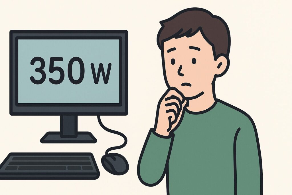 モニターに表示された消費電力を気にしている人のイラスト