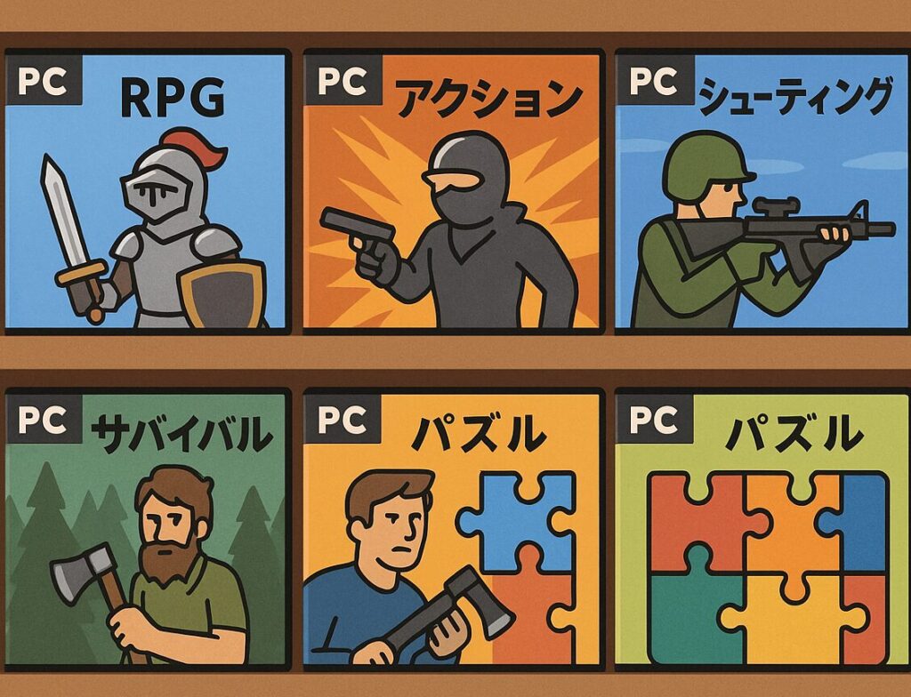 PCゲームが棚にたくさん並んでいる日本語イラスト。オープンワールド、RPG、アクション、シューティング、レース、サバイバル、パズルなどのジャンル名が表示されている