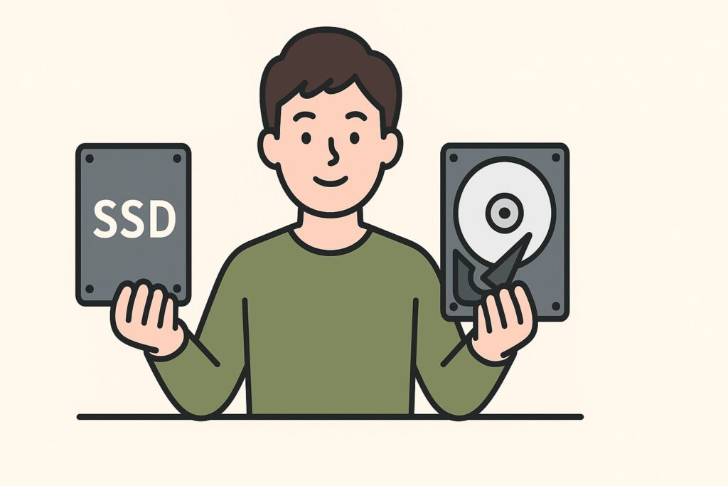 SSDとHDDを両手に持って比較している人のイラスト