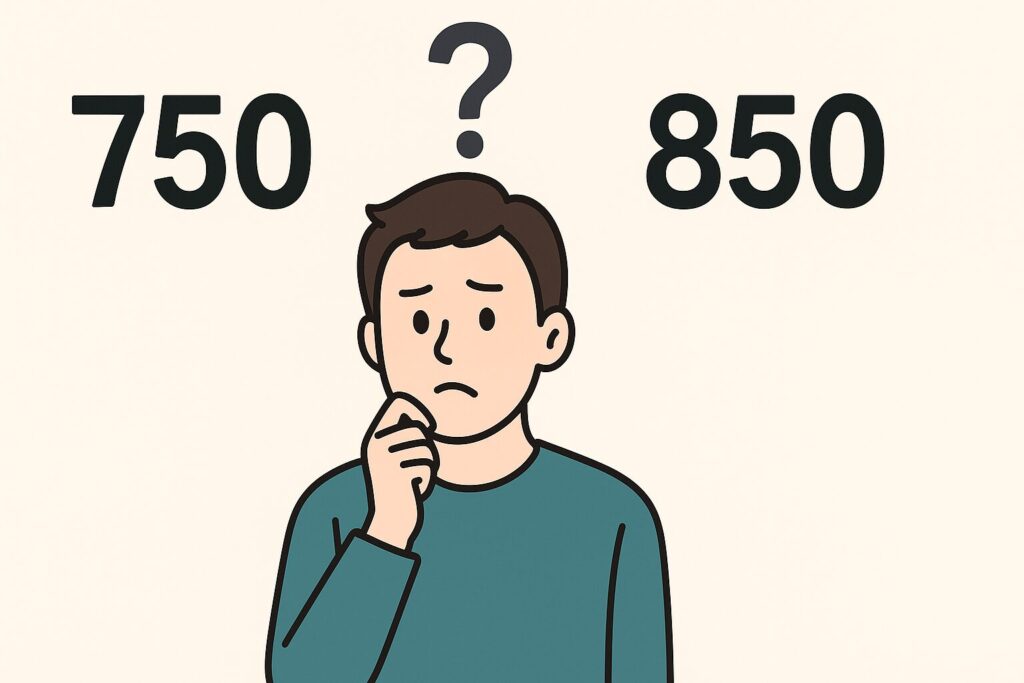 ゲーミングPCの電源容量750Wと850Wで迷っている人のイラスト。人物が悩んでいる表情