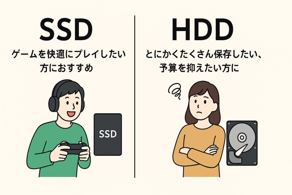 SSDは快適にゲームをプレイしたい人向け、HDDは大量保存や予算重視の人向けを比較