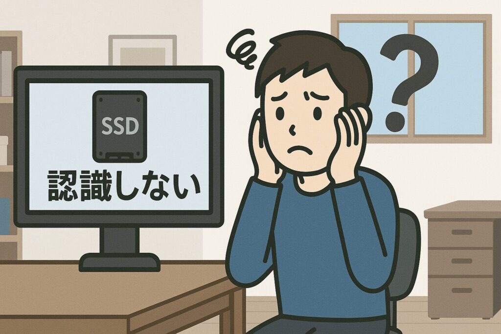 SSDが認識されず困っているユーザーと背景の部屋を描いたイラスト