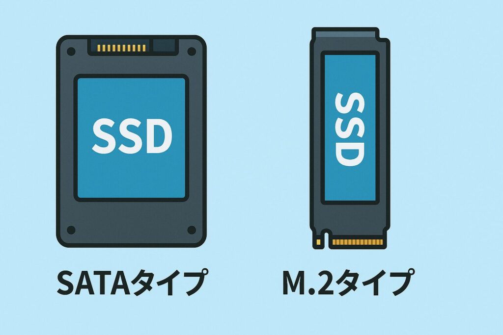 SATAタイプとM.2タイプのSSDを並べて比較したイラスト