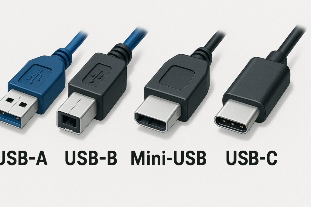 USB-A、USB-B、Mini-USB、USB-Cの4種類を立体的に描いたイラスト