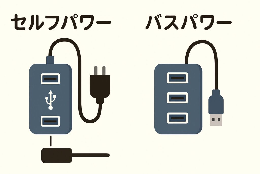 USBハブのセルフパワーとバスパワーを比較したイラスト