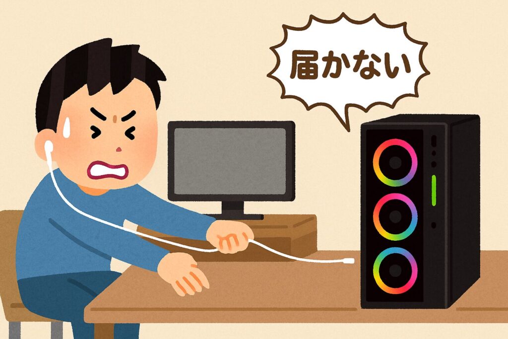 ゲーミングPCにイヤホンの長さが足りず届かない人