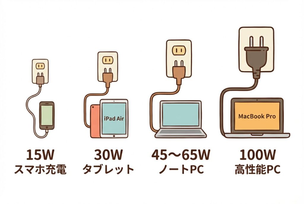 15W：スマートフォンの充電

30W：タブレットやiPad Air

45～65W：ノートパソコン（多くのモデル）

100W：高性能ノートパソコン（MacBook Proなど）