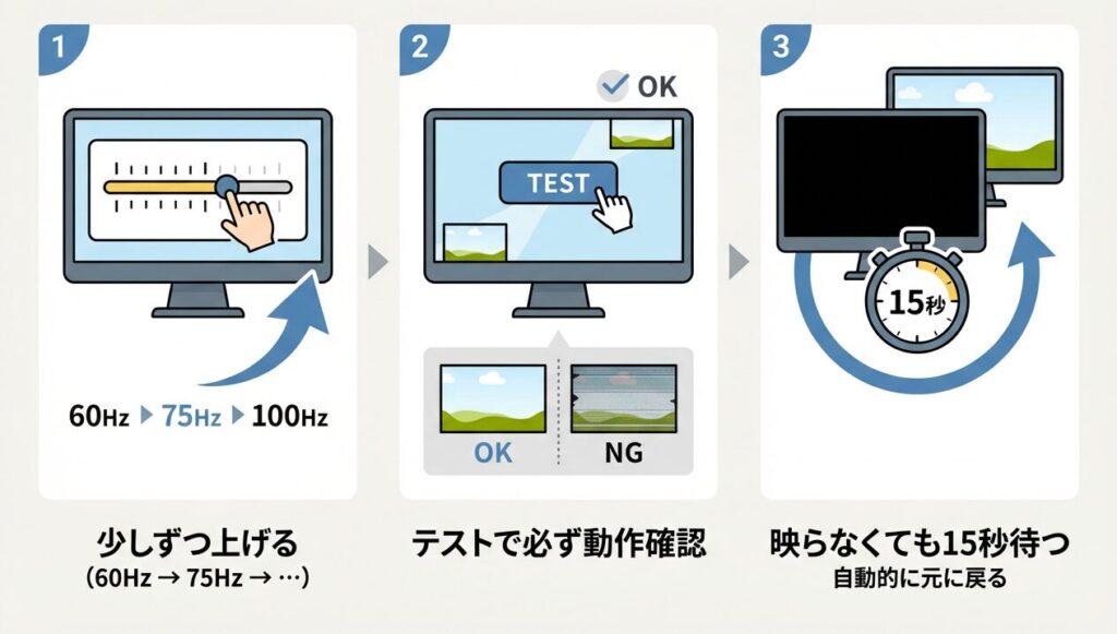 少しずつ数値を上げる（60Hz→75Hz→100Hzのように段階的に）

テスト機能で必ず動作確認してから適用する

画面が映らなくなっても15秒待てば自動的に元に戻る