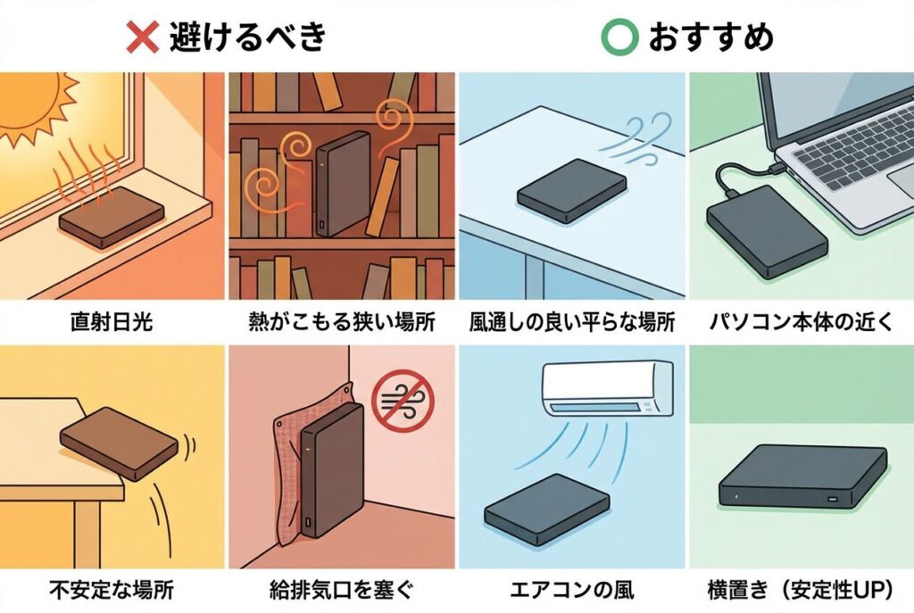 外付けHDDをこんな場所には置かない
❌ 避けるべき設置場所:
直射日光が当たる場所
熱がこもる狭い場所
不安定な場所(落下の危険)
給排気口を塞ぐ場所
⭕ おすすめの設置場所:
風通しの良い平らな場所
パソコン本体の近く
エアコンの風が当たる場所
横置きで設置(安定性UP