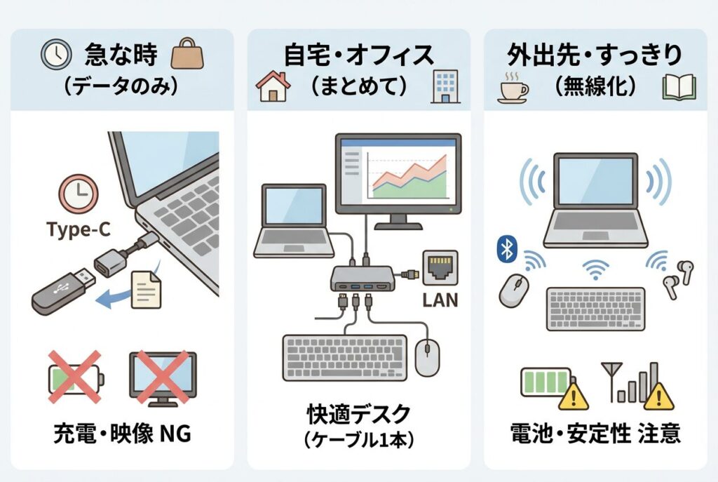 急な場面でType-C機器を1つだけ接続したい場合は、安価でコンパクトな変換アダプターが最適です。ただし、充電や映像出力には対応していないため、データ転送のみの用途に限られます。

自宅やオフィスで複数の機器を同時に使いたい場合は、USBハブやドッキングステーションが便利です。特にドッキングステーションなら、外部モニター・有線LAN・複数のUSB機器をケーブル1本でまとめて接続でき、デスク環境が快適になります。

カフェや図書館など外出先での作業が多い方や、デスク周りをすっきりさせたい方には、Bluetooth・Wi-Fi機器への置き換えがおすすめです。ケーブルの煩わしさから解放されますが、電池管理や接続の安定性には注意が必要です。