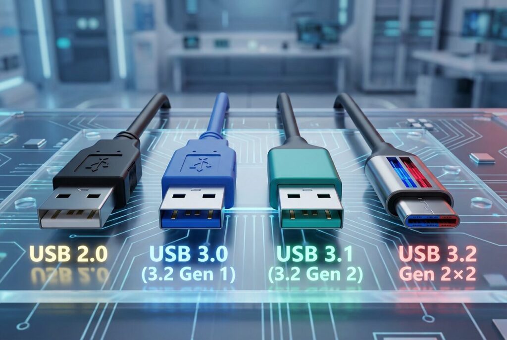 USB 2.0 USB 3.0(3.2 Gen 1) USB 3.1(3.2 Gen 2) USB 3.2 Gen 2×2
を横に並べた3dイラスト