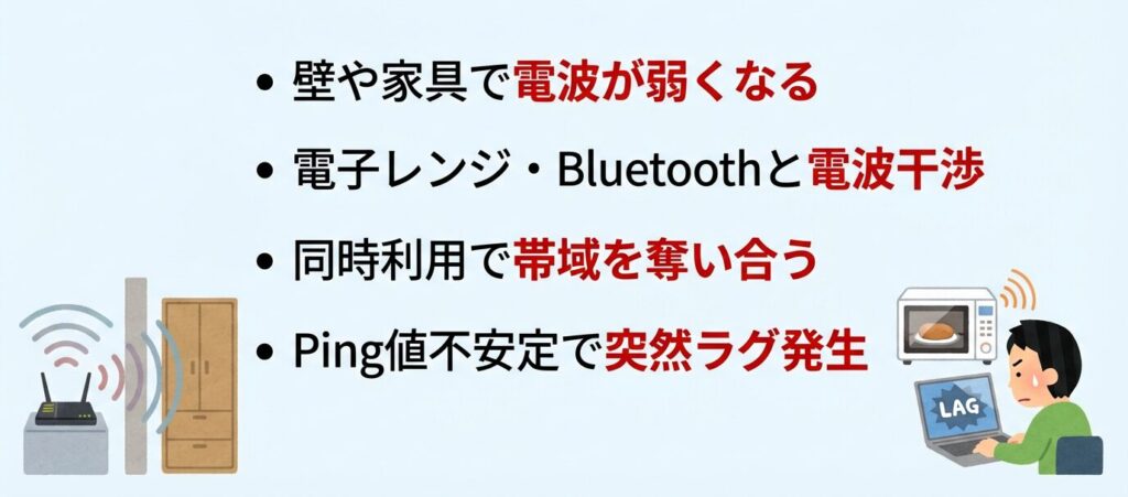 Wi-Fiだとこんな問題が起きやすいんです。
壁や家具などの障害物で電波が弱くなる
電子レンジやBluetooth機器と電波が干渉する
家族が同時にネットを使うと帯域を奪い合う
Ping値が不安定に上下して、突然ラグが発生する